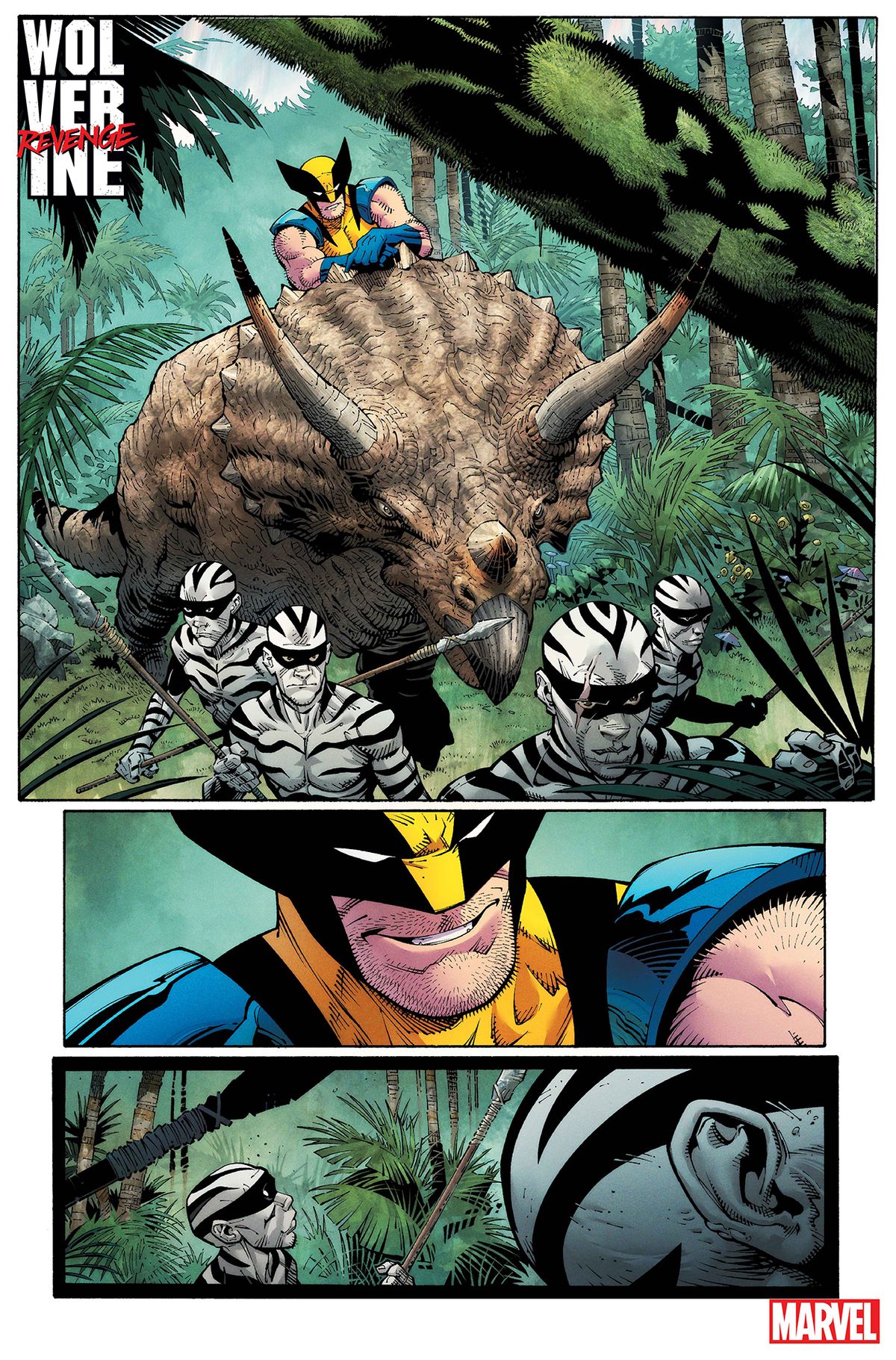 Uma das páginas de "Wolverine Revenge", mostrando Wolverine montado em cima de um dinossauro em uma cena de ação, correndo na selva em meio a selvagens e lutando contra outro dinossauro
