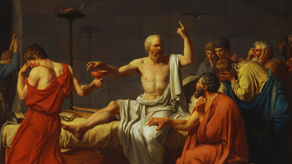 Pintura "A Morte de Sócrates", de Jacques-Louis David (1787). Mostra o momento em que Sócrates pega a taça com cicuta para bebê-la