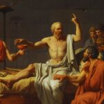 Pintura "A Morte de Sócrates", de Jacques-Louis David (1787). Mostra o momento em que Sócrates pega a taça com cicuta para bebê-la