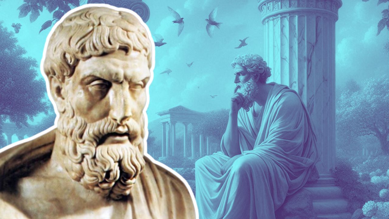 Uma estátua de Epícuro à esquerda; ao fundo, uma ilustração mostrando um homem grego sentado, pensativo e tranquilo, em tons de azul.