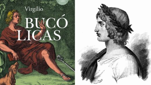 A Capa da edição de Bucólicas, da Editora Autêntica, com um retrato de Virgílio à direita