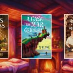 3 capas de livros de cozy fantasy (fantasia aconchegante) em um fundo que simboliza o tema, uma casa de fantasia com lareira
