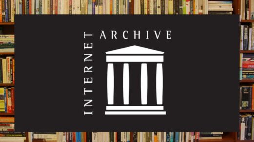 O logo do Internet Archive, com uma biblioteca com livros ao fundo