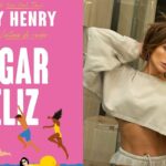 Jennifer Lopez à direita, com a capa do livro "Lugar Feliz" e Emily Henry à esquerda