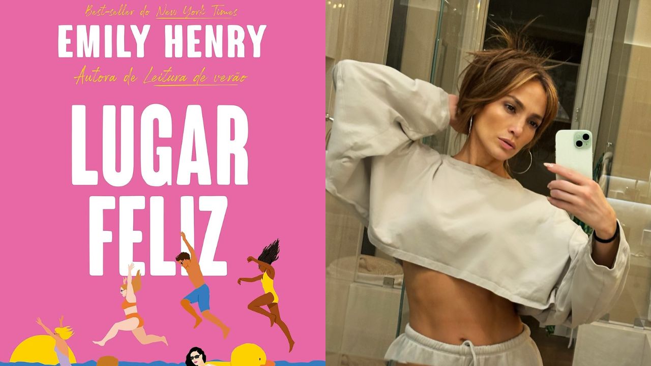 Jennifer Lopez à direita, com a capa do livro "Lugar Feliz" e Emily Henry à esquerda