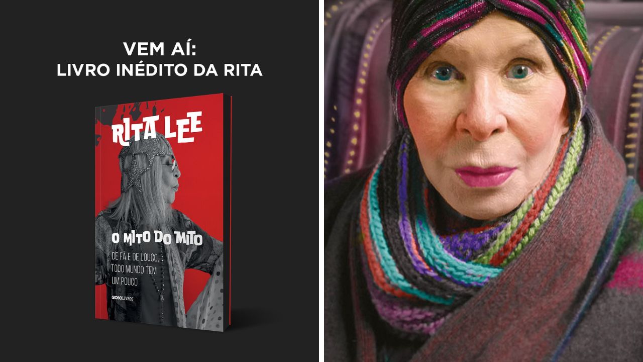 O livro "O Mito do Mito" à esquerda; à direita, uma foto de Rita Lee