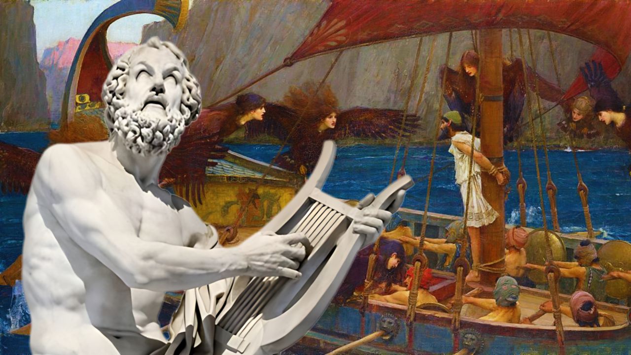 Uma escultura de Homero, com uma pintura da Odisseia ao fundo