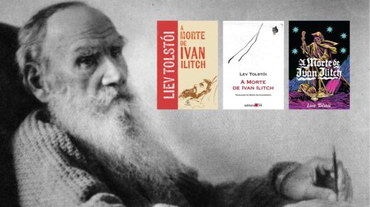 Uma foto de Liev Tolstói, com três edições de A Morte de Ivan Ilitch à direita