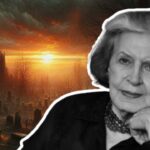 A escritora Lygya Fagundes Telles, em um fundo mostrando o pôr-do-sol em um cemitério abandonado