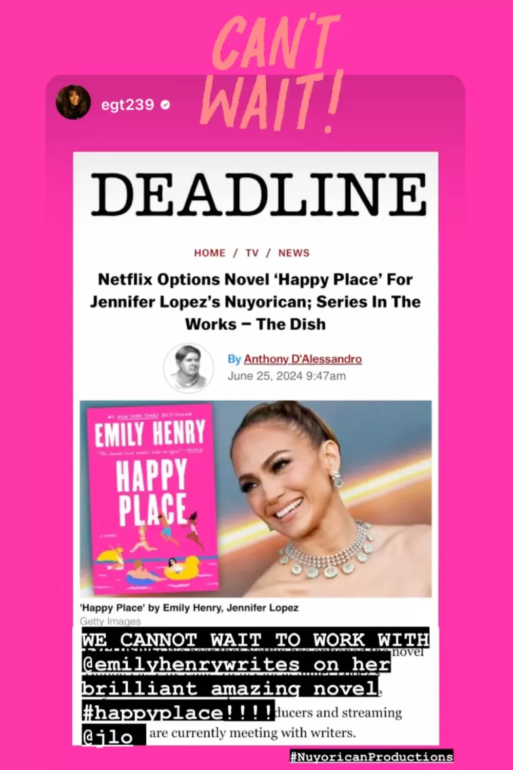 Print do post de Jennifer Lopez falando da empolgação com a adaptação de Happy Place