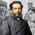 Machado de Assis ao centro, com algumas capas de seus livros ao fundo em preto e branco