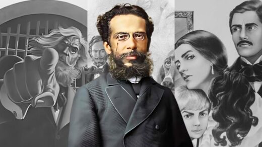 Machado de Assis ao centro, com algumas capas de seus livros ao fundo em preto e branco