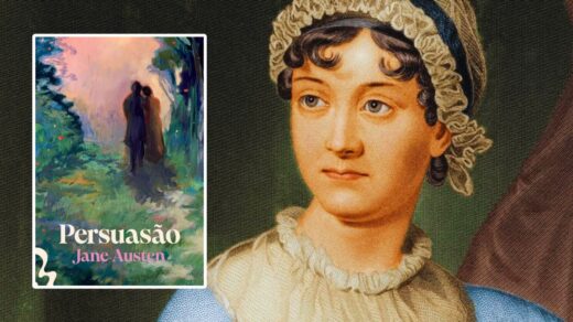 Uma pintura de Jane Austen, com o livro Persuasão, edição da Editora Atofágica, à esquerda