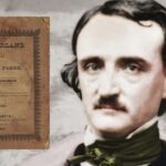Um retrato de Edgar Allan Poe, com a primeira edição de Tamerlane, ou Tamerlão, à esquerda