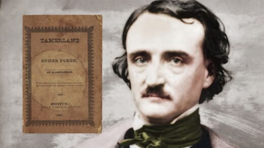Um retrato de Edgar Allan Poe, com a primeira edição de Tamerlane, ou Tamerlão, à esquerda