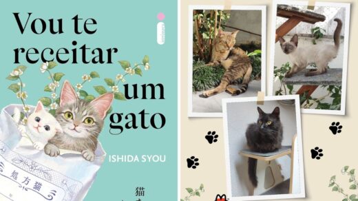 A Capa do livro "Vou te receitar um gato" à esquerda; à direita, fotos de gatos disponíveis para adoção no Gato Pingado Café
