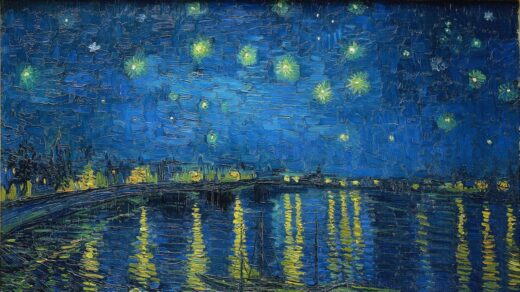 Pintura "Noite Estrelada Sobre o Ródano", de Vincent Van Gogh. Ilustrando o poema "Ao Cair da Noite", de Auta de Souza