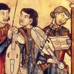Uma pintura medieval mostrando trovadores, vestidos à caráter e tocando instrumentos