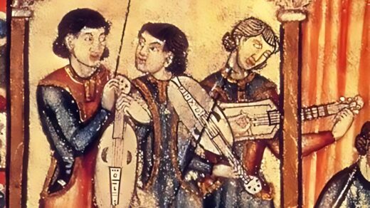 Uma pintura medieval mostrando trovadores, vestidos à caráter e tocando instrumentos