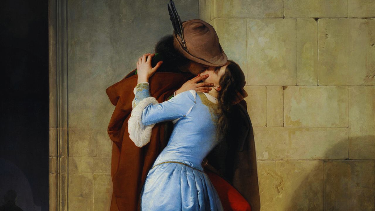 Pintura "O Beijo", de Francesco Hayez. Ilustrando o poema "Pesadelo", de Castro Alves