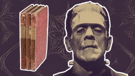 Primeira edição de Frankenstein, de Mary Shelley, imagem divulgada pela Heirage Auctions, HA.com; à direita, a criatura da obra, em um fundo com elementos góticos