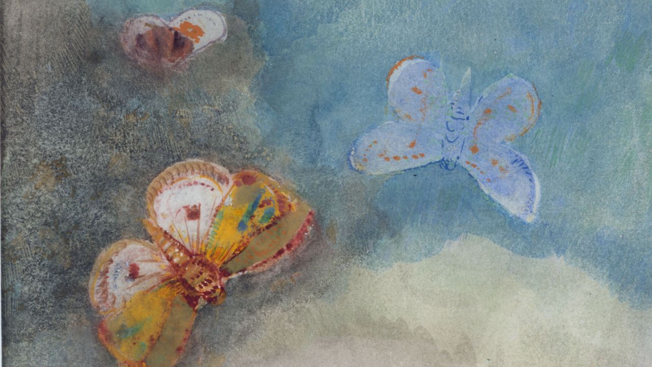 Pintura "Papillons et fleur, de Odilon Redon, mostrando borboletas rodeando uma flor. Ilustrando o poema "As Borboletas", de Vinícius de Moraes