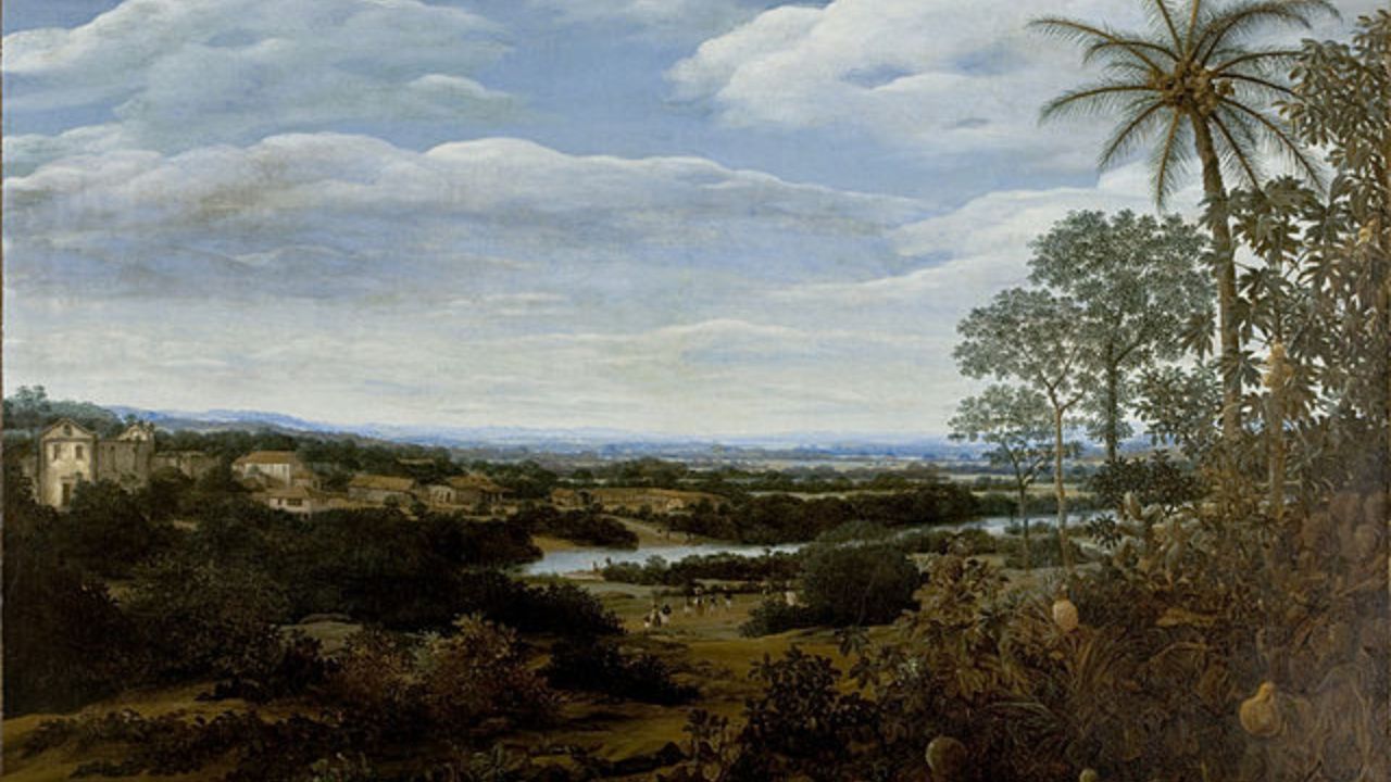 Pintura "Paisagem com Jibóia", de Frans Post. Ilustrando o poema "Canção do Exílio", de Gonçalves Dias