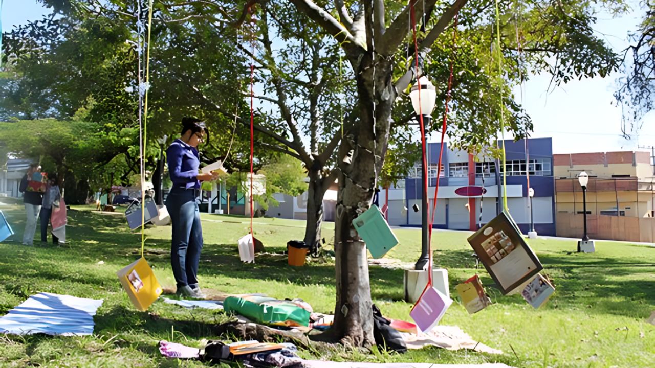 Livros pendurados em uma árvore