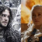 Kit Harington como Jon Snow em um fundo nevado; Emilia Clarke como Daenerys Targaryen em um fundo com fogo