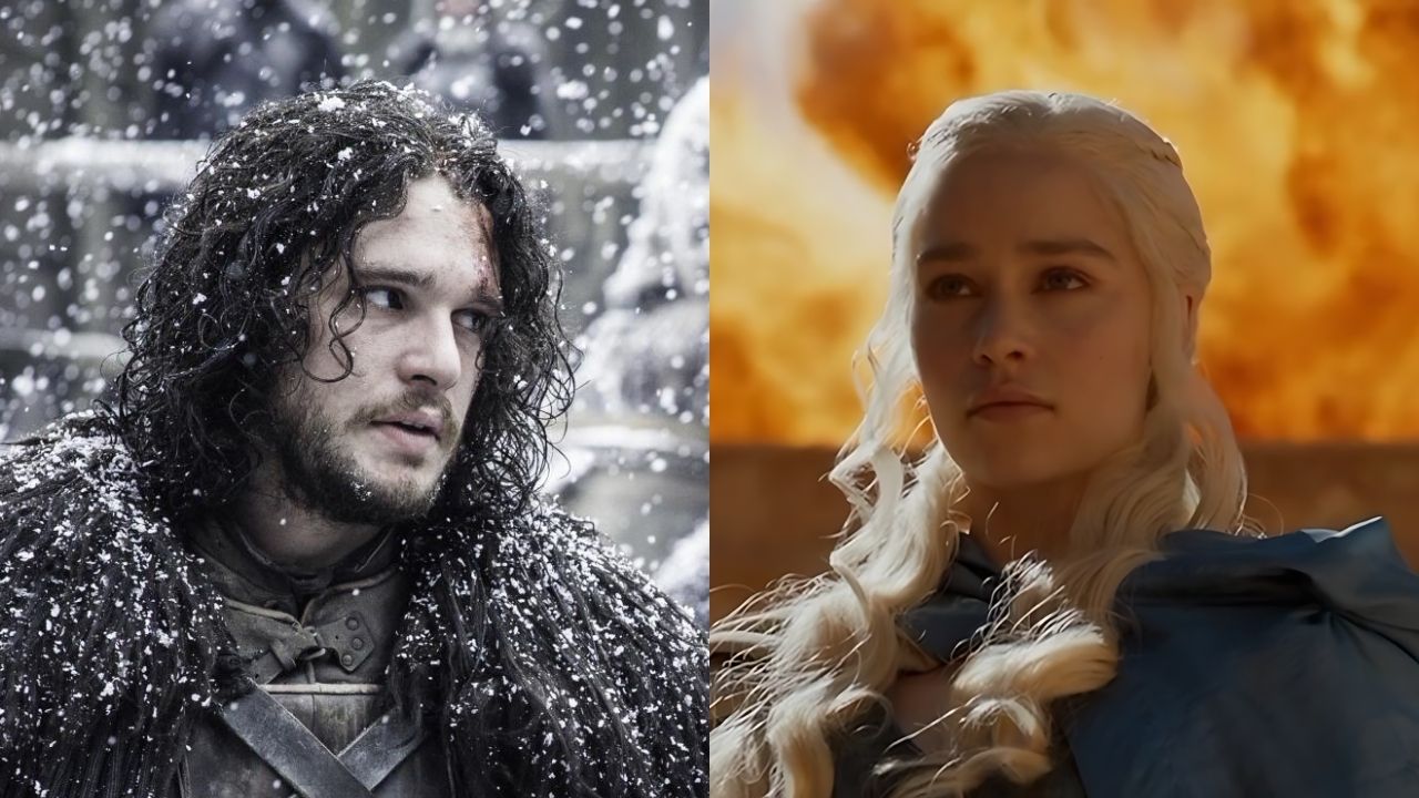 Kit Harington como Jon Snow em um fundo nevado; Emilia Clarke como Daenerys Targaryen em um fundo com fogo