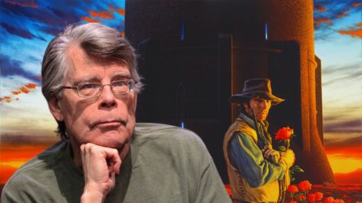 Stephen King à esquerda, com um fundo mostrando uma cena de A Torre Negra, ilustração de Michael Whelan