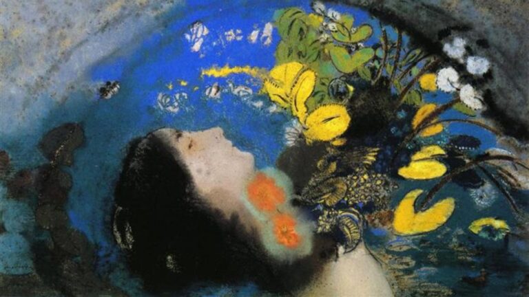 Pintura Ophelia, de Odilon Redon. Ilustrando o poema Soneto de Fidelidade, de Vinícius de Moraes