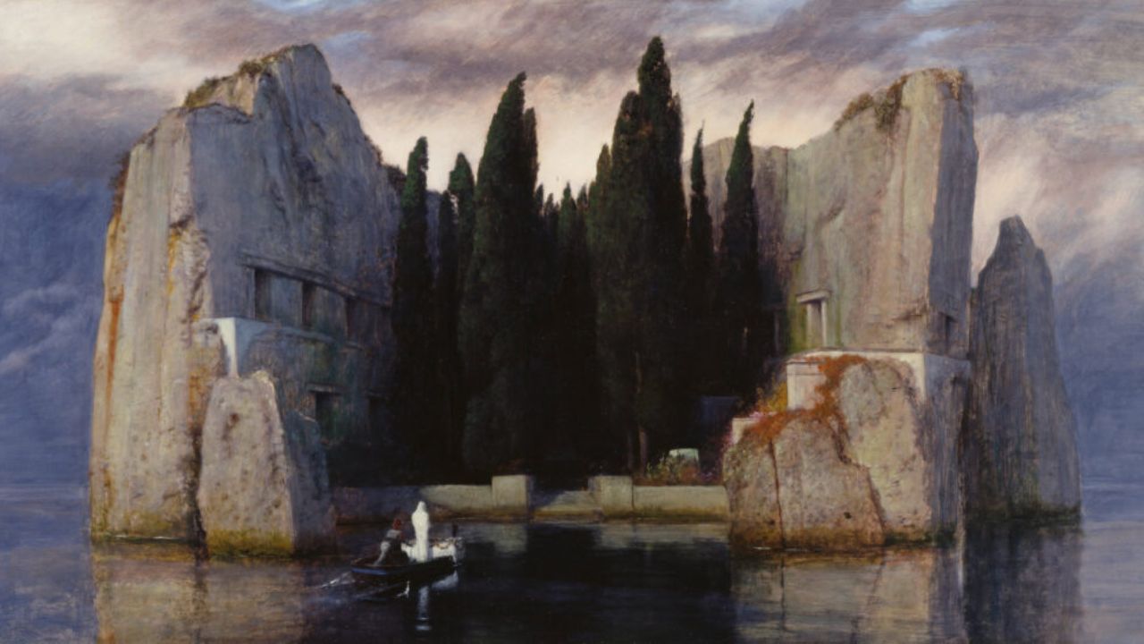 Pintura "Ilha dos Mortos", de Arnold Böcklin. Ilustrando o poema Vou-me Embora pra Pasárgada, de Manuel Bandeira