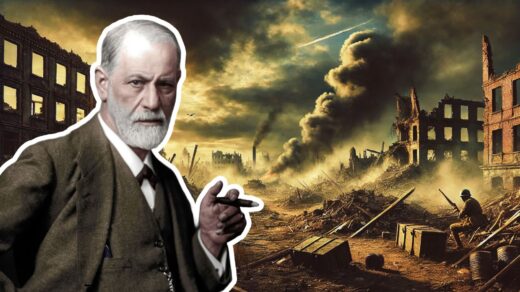 Freud em um fundo ilustrando a destruição da guerra