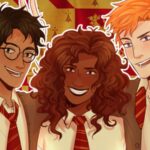 Ilustrações de Harry Potter, Herminone e Ron Weasley em um fundo da casa de Grifinória