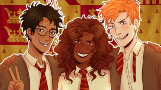 Ilustrações de Harry Potter, Herminone e Ron Weasley em um fundo da casa de Grifinória