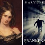 Retrato de Mary Shelley à esquerda e capa do livro Frankenstein à direita, mostrando uma figura monstruosa caminhando em uma floresta escura iluminada por luzes sombrias.