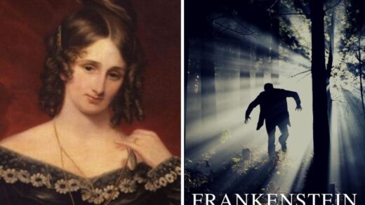 Retrato de Mary Shelley à esquerda e capa do livro Frankenstein à direita, mostrando uma figura monstruosa caminhando em uma floresta escura iluminada por luzes sombrias.