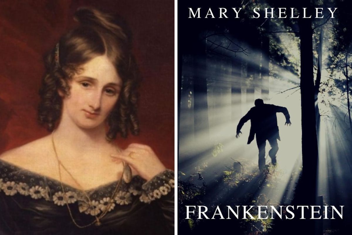 Retrato de Mary Shelley à esquerda e capa do livro Frankenstein à direita, mostrando uma figura monstruosa caminhando em uma floresta escura iluminada por luzes sombrias.