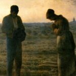 Pintura "Angelus", de Millet, ilustrando o poema Auxilia, de Auta de Souza. A obra retrata dois camponeses em um momento de oração simples e humilde, simbolizando valores de fé, solidariedade e conexão com o próximo, temas que dialogam com o poema "Auxilia"