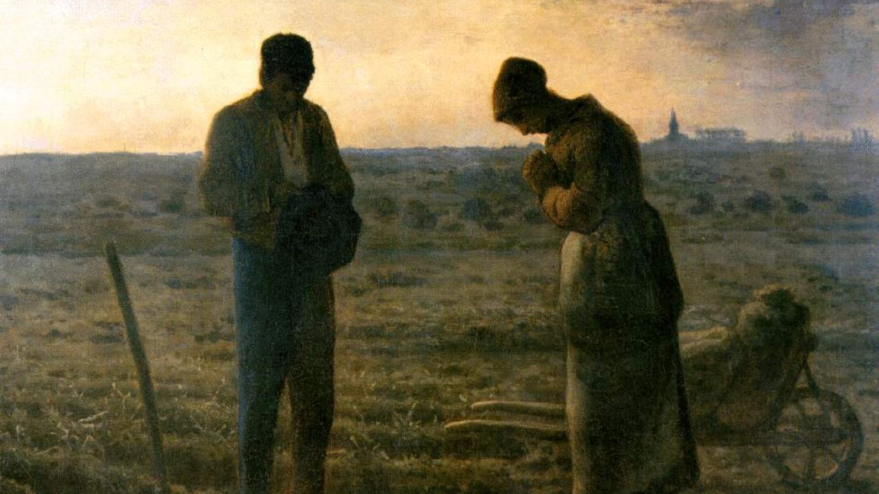 Pintura "Angelus", de Millet, ilustrando o poema Auxilia, de Auta de Souza. A obra retrata dois camponeses em um momento de oração simples e humilde, simbolizando valores de fé, solidariedade e conexão com o próximo, temas que dialogam com o poema "Auxilia"