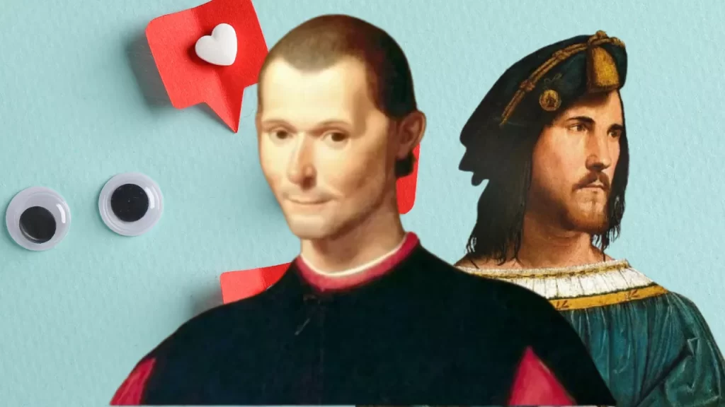 Retrato estilizado de Nicolau Maquiavel e César Bórgia sobre fundo azul claro com elementos gráficos modernos, como corações de rede social e olhos de brinquedo. Maquiavel aparece em primeiro plano, com vestimenta renascentista escura, enquanto César Bórgia, com traje típico da nobreza italiana, está ao fundo. A composição cria uma conexão visual entre o autor de O Príncipe e sua inspiração, representando o vínculo entre poder, estratégia e liderança.