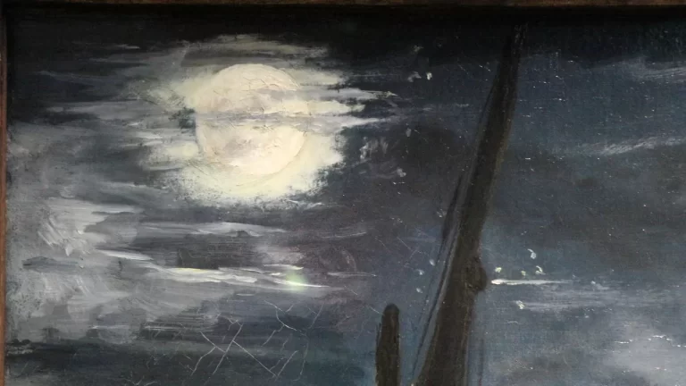Pintura "Lua Cheia sobre o Porto de Boulogne" – Édouard Manet (1869), pintura impressionista que captura a luz suave da lua refletida no mar, trazendo um clima tranquilo e misterioso.