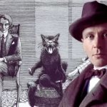 Montagem de Mikhail Bulgákov em frente a uma ilustração de O Mestre e Margarida, com Woland e o gato Behemoth, personagens icônicos do romance, simbolizando a fusão entre o autor e sua obra.
