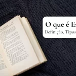 Livro aberto à esquerda em um poema, com uma caixa à direita escrita "O que é estrofe? definição, tipos e exemplos"