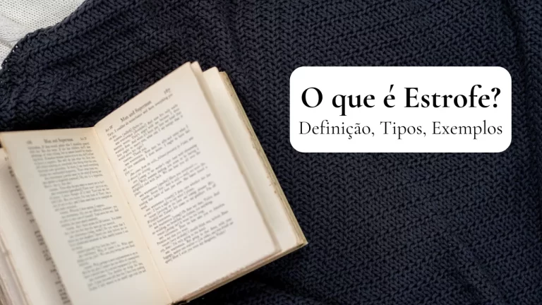 Livro aberto à esquerda em um poema, com uma caixa à direita escrita "O que é estrofe? definição, tipos e exemplos"