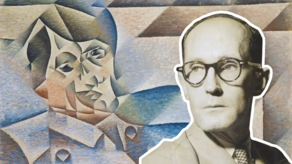 Montagem artística com Carlos Drummond de Andrade à direita, em fotografia preto e branco com óculos e expressão séria, e, à esquerda, um autorretrato cubista de Pablo Picasso com formas geométricas e tons suaves de azul e bege. A imagem simboliza a análise do Poema de Sete Faces, destacando o olhar introspectivo e multifacetado do poeta, em diálogo com o estilo fragmentado de Picasso, remetendo às múltiplas “faces” do eu-lírico descritas no poema.