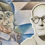 Montagem artística com Carlos Drummond de Andrade à direita, em fotografia preto e branco com óculos e expressão séria, e, à esquerda, um autorretrato cubista de Pablo Picasso com formas geométricas e tons suaves de azul e bege. A imagem simboliza a análise do Poema de Sete Faces, destacando o olhar introspectivo e multifacetado do poeta, em diálogo com o estilo fragmentado de Picasso, remetendo às múltiplas “faces” do eu-lírico descritas no poema.