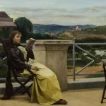 Pintura "A Leitura", de Almeida Júnior, retratando uma jovem mulher sentada na varanda lendo um livro com uma bela paisagem ao fundo