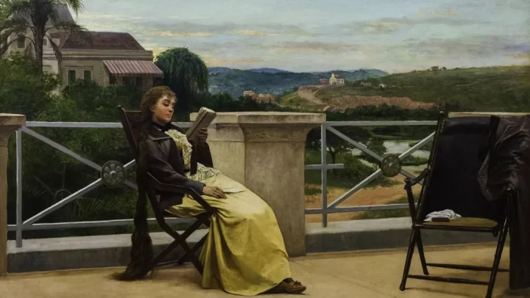 Pintura "A Leitura", de Almeida Júnior, retratando uma jovem mulher sentada na varanda lendo um livro com uma bela paisagem ao fundo
